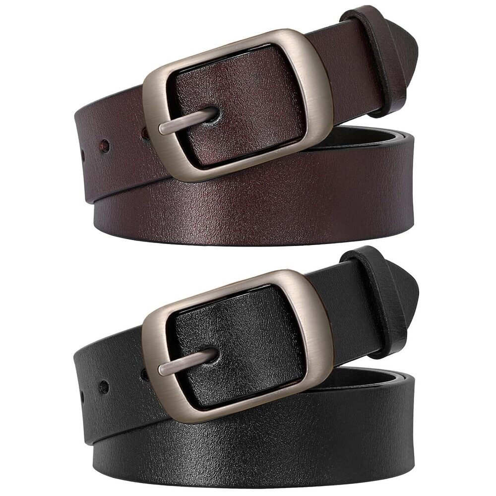 2 Pack Womens Genuine Leather Belts, Waist Belt with Pin Buckle for